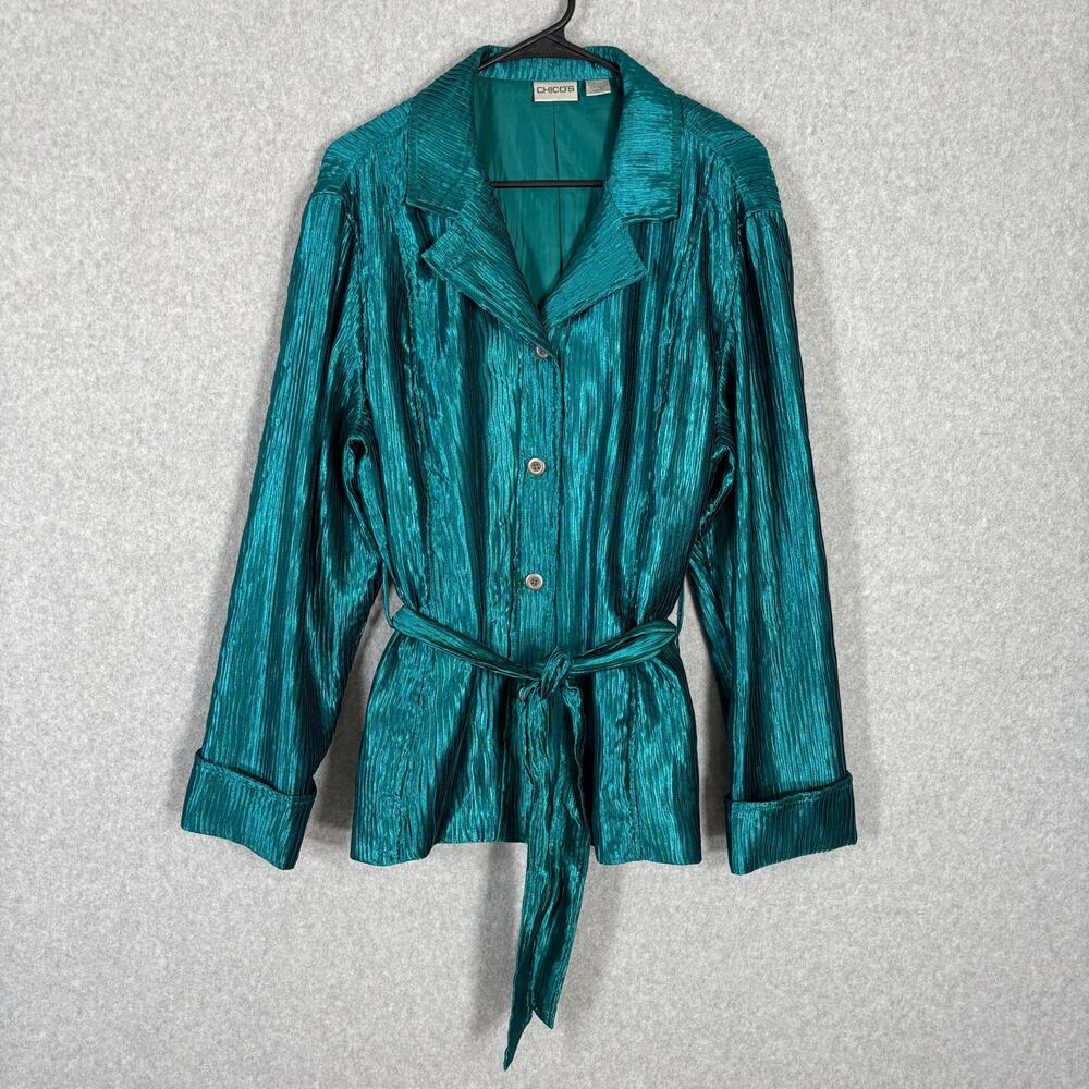 Chico's Teal Crinkled Belted Blazer